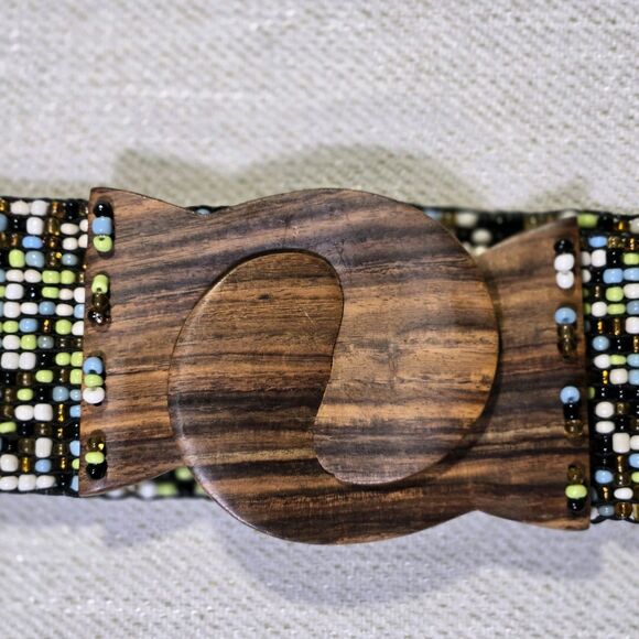 Belt Beaded Boho Locking Wood Clasp  Y2K 32 Inch Brown Blue - Picture 3 of 11